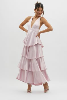 Shop the Auguste Tiered Frill Strappy Back Dress Blush | Selfie Leslie Strappy Back Dress, Selfie Leslie, Prom 2023, Wedding Guest Attire, Frill Dress, Satin Midi Dress, Basic Dress, Nude Heels, Iron Material