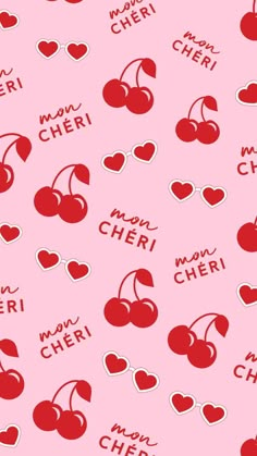 cherries on a pink background with the word mom cher written in red and white