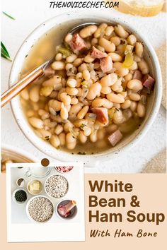 white bean and ham soup in a bowl with chopsticks next to it on a table