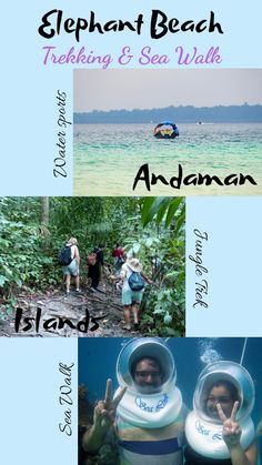 three different pictures with the words elephant beach and an image of two people in scuba gear