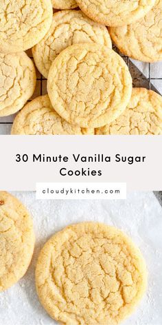 cookies cooling on a wire rack with the words 30 minute vanilla sugar cookies