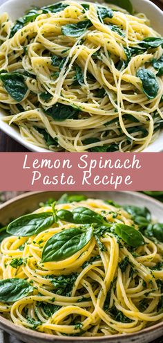 lemon spinach pasta in a white bowl with basil on top and another image of the dish