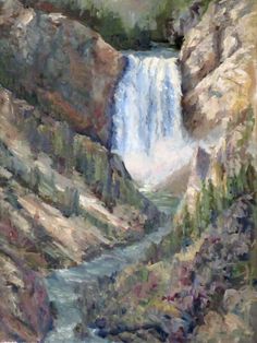 an oil painting of a waterfall in the mountains