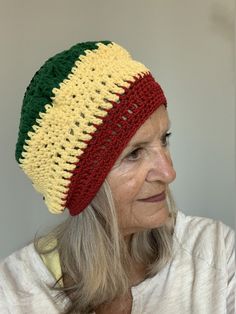 Rastafarian hat / slouchy crochet hat / Bohemian hats / unique and one of a kind hats Casual Beanie For Festivals, Handmade Multicolor Slouchy Hat, Multicolor Handmade Slouchy Hats, Adjustable Yellow Crochet Hat, Yellow Adjustable Crochet Cap, Slouchy Multicolor Beanie Hat, Adjustable Yellow Crochet Cap, Bohemian Yellow Yarn Hat, Yellow Bohemian Yarn Hat