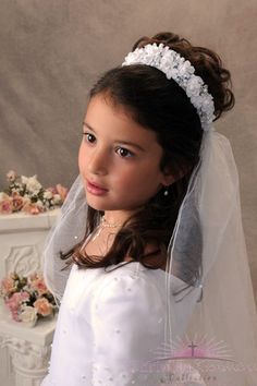 First Communion Crown Headpiece Veil with Organza Rosebuds and Pearls Communion Crown, Communion Tiara, First Communion Hairstyles, Communion Hairstyles, First Communion Veils, Communion Veils, Holy Communion Dresses, Flower Veil