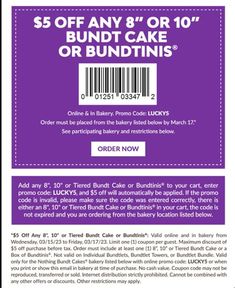 the coup for $ 5 off any 8 or 10 bundt cake or bundtinis