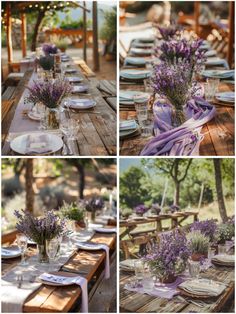 the table is set with purple flowers in vases and place settings for dinner guests