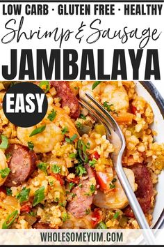 a bowl filled with jambalya rice and sausage