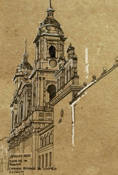 an old drawing of a building with a clock tower