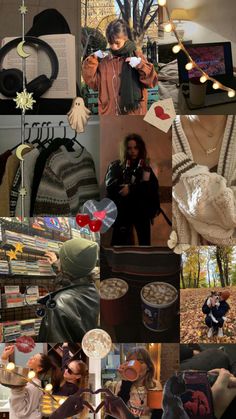 a collage of photos with people and items in them including hats, sweaters, scarves