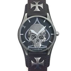 SKULL & SPADE WATCH - BROWN WRISTBAND - Controse Stainless steel case and leather cuff www.controse.com Skull Watch, Gothic Accessories, Rock Outfits, Stuff And Thangs, Skull Tshirt