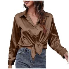 Women's Blouse Satin Silk Shirt Button Down Shirt Casual Loose Long Sleeve Office Work Long Edition Blouse Features: Soft silky fabric: The women's satin silk top is made of 95% polyester and 5% elastic, breathable and lightweight silk fabric, and the long-sleeved T-shirt gives you a comfortable feminine and cool feeling. Chic design: button shirts, long-sleeved shirts, classic V-neck tops, loose fitting robes, casual fashion tops, lapel work shirts, office shirts, button shirt tops, loose fitti Cheap Brown Crew Neck Blouse, Satin Button Down Shirt Shorts, Cheap Beige Office Shirt, Casual Brown Blouse, Cheap Brown Shirt For Workwear, Peplum Tops For Women, Ladies Summer Tops, Satin Shirts For Women, Boho Tops For Women