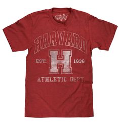 PRICES MAY VARY. YOUR NEW FAVORITE HARVARD T-SHIRT: Show off your crimson pride with this Harvard Athletic Department shirt - distressed and printed on the softest crimson heather tee we could find. EASY CARE TEES: This Harvard design is screen-printed on a soft, poly-cotton t-shirt that goes from the washing machine to the dryer without losing shape, shrinking or fading. Graphic is intentionally distressed for a worn, vintage look. NO FUSS SIZING: Tee Luv's vintage Harvard University shirts fea College Shirt Design, Harvard Logo, Harvard Shirt, University Shirt, College Shirts, College T Shirts, Casual Night Out, Harvard University, T Shirt Image