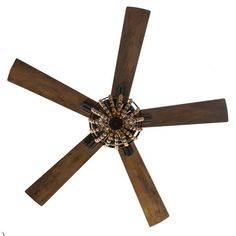 an overhead view of a ceiling fan with wooden blades and chandeliers on it