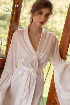 Luxury Satin Wedding Gown Bridal Gown Nightgown Satin Wedding Nightgown Satin Bridal Kimono Bathrobe Long Satin Bathrobe Fitted White V-neck Robe, White Satin Summer Gown, Elegant White Honeymoon Gown, White Long-sleeved Robe For Brides, White Long Bridal Robe, Satin Wedding Nightgown, Elegant V-neck Bridesmaid Sleepwear, White Long Sleeve Bride Robe, Fitted Satin Sleepwear For Wedding