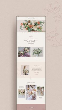 the wedding website is displayed on a pink background with white flowers and greenery around it