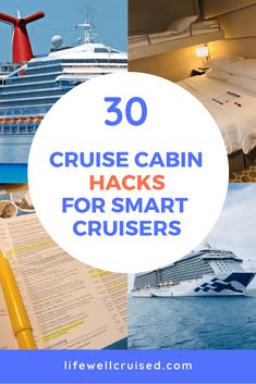 cruise ship with text overlay that reads 30 cruise cabin hacks for smart cruises