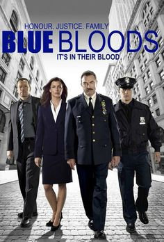 blue bloods tv series poster with two men and one woman standing in the street