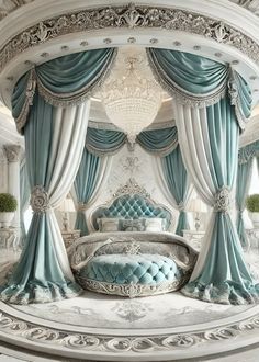 an ornate bedroom with blue and white drapes