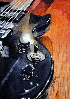 a painting of an electric guitar on a wooden table