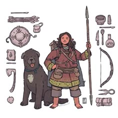 a woman standing next to a black dog and various items on display in front of her