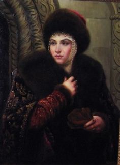 a painting of a woman wearing a fur hat