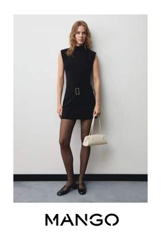 Flowy fabric, Short design, Turtleneck, Sleeveless, Zip fastening on the back section, Decorative belt, Inner lining, The model is 1.79 tall and is wearing a size 36 Designer Shorts, Belted Dress, Mango, Models, Black Dress, Turtle Neck, Jumpsuit, Womens Dresses, Dresses