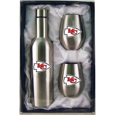 the kansas chiefs stainless steel wine bottle and tumbler gift set is in its box