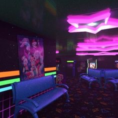 a brightly lit room with blue benches and neon lights