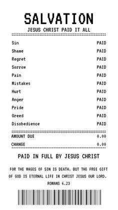 the receipt for salvation is shown in black and white