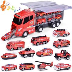 a red toy truck with lots of firetrucks