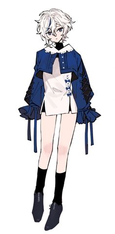 a drawing of a girl with white hair and blue clothes, standing in front of a white background