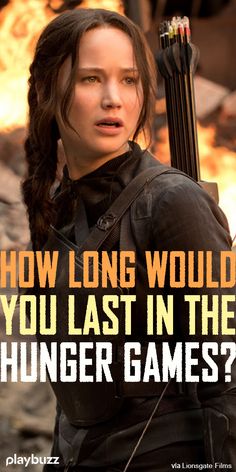 a woman holding a bow with the words how long would you last in the hunger games?