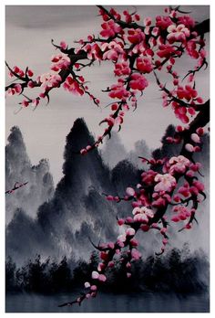 a painting with pink flowers on it and mountains in the backgroung background