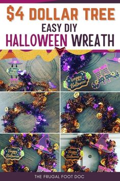 dollar tree diy halloween wreath with purple and gold decorations