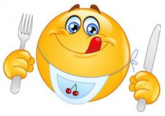 an emoticive smiley face holding a fork and knife with its tongue out,