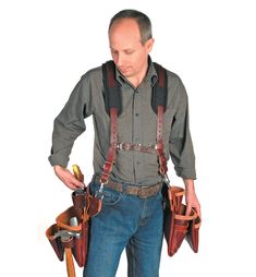 By distributing weight over the shoulders, these suspension systems allow a loaded tool belt to be carried with relative ease. The Stronghold system has a comfortable contoured yoke with a padded moisture-wicking absorbent liner and length-adjustable leather cross straps. A set of four leather straps with D-ring loop attachments is included for quick connection to any tool belt up to 3" wide. The adjustable chest strap has a metal clip for quick-release. A heavy-duty D-ring on the yoke allows ha Occidental Leather, Leather Tool Belt, Tool Belts, Leather Suspenders, Tool Pouch, New Catalogue, Le Port, Tool Belt, Leather Projects