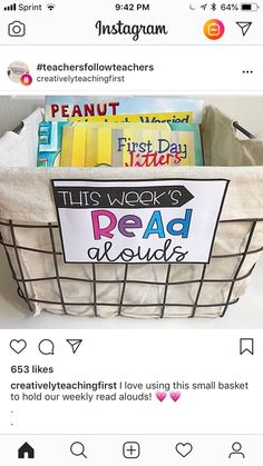 a basket filled with books sitting on top of a table next to an instagram page