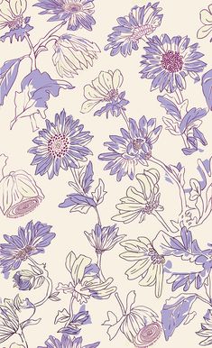 an image of blue and white flowers on a light colored background with purple outlines