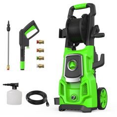 green and black pressure washer with accessories