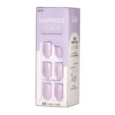 Your everyday manicure just got easier! Say goodbye to nail polish with imPRESS Color Press-On Manicure. A polish-free mani in minutes, and new PureFit Technology makes them super slim and super comfortable. Just press on and go! Solid colors have no bling, no accents; they come in the most popular hues, in as many fashion-forward shades as nail polish. The false nails come ready to wear, no polish required! Style ‘Picture Purplect’ features short, square shaped, purple solids in a glossy finish 30 Nails, Kiss Products, Impress Nails, Acrylic Tips, Manicure Colors, Nail Pictures, Manicure At Home, Gel Manicure, Purple Nails