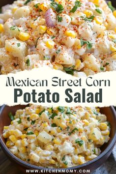 mexican street corn potato salad in a bowl with text overlay that reads mexican street corn potato salad