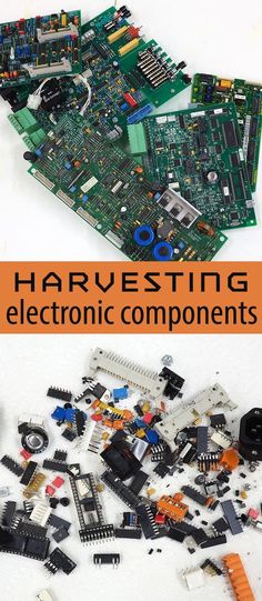 an assortment of electronic components are shown with the words harvesting electronic components on it and below