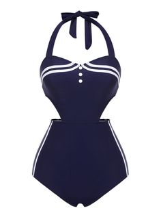 Dive into timeless charm with Retro Stage's Navy Blue 1930s Halter One-piece Swimsuit. Elevate your beach style with vintage-inspired flair. Retro Blue Lined Swimwear, Fitted Retro Blue Swimwear, Blue Fitted Retro Swimwear, Retro Fitted Blue Swimwear, Vintage Blue Swimwear For Swimming, Vintage Blue Swimwear For The Beach, 1950s Swimsuit, Retro Stage, Cute One Piece Swimsuits