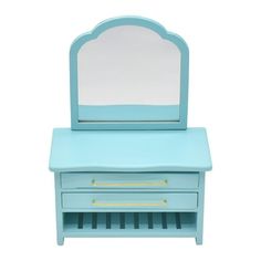 a small blue vanity with a mirror on it's top and drawers underneath the mirror