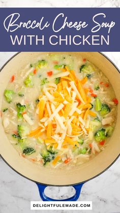 broccoli cheese soup with chicken in a blue pot