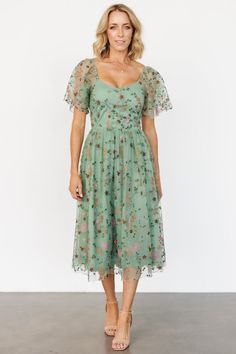 Gwyneth Tulle Midi Dress | Eucalyptus Floral 34c Size, Floral Dress Shoes, Blush Background, Floral Plus Size Dresses, Flirty Style, Wedding Soup, Tulle Midi Dress, Tulle Material, Green Tulle