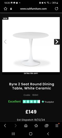 a white table sitting on top of a tabletop next to an email box with the text eyrie 2 seat round dining table, white ceramic