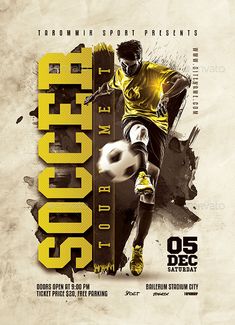 a soccer flyer with a player kicking the ball