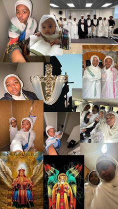 several pictures of people dressed in white and wearing headscarves, with one woman holding a baby